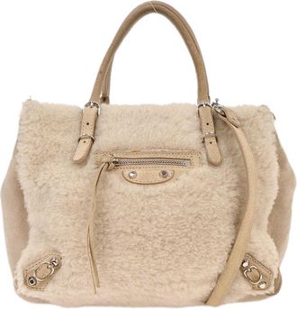 Balenciaga Papier B4 Zip Around Classic Studs Bag Shearling Beige Fur Handbag (Pre-Owned)