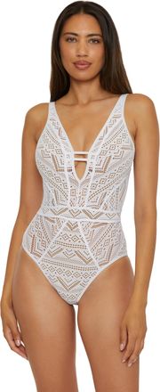 BECCA by Rebecca Virtue Womens Color Play One Piece Swimsuit, Plunge Neck, Crochet, Bathing Suits, White Tan, Large