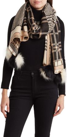 La Fiorentina Plaid Pom Trim Wrap in Black/Beige at Nordstrom Rack
