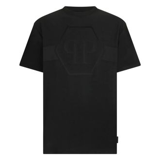 Philipp Plein Tops, Heren, Zwart, XS, Katoen, T-shirt met ronde hals Jacquard Hexagon Line