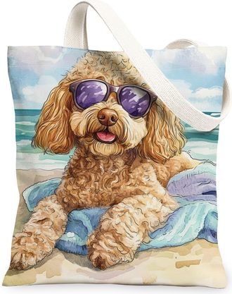 Generic Summer Chihuahua Dog Canvas Tote Bag for Shopping 13x15, Watercolor Beach Coastal Puppy Reusable Grocery Print Bag for Women, Beachy Pet Beach Aesthet
