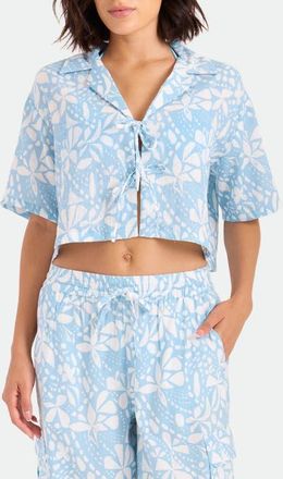Volcom Tie Front Crop Cotton Cover-Up Shirt in Blue at Nordstrom, Size X-Large