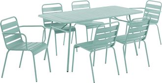 Vente-Unique Mesa y sillas de jard&iacute;n de metal: Mesa An. 160 cm con 2 sillones apilables y 4 sillas apilables - Verde almendra - MIRMANDE