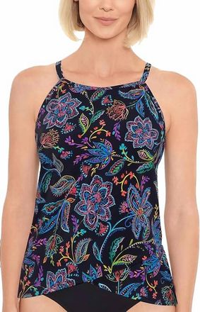 Swim Solutions High Neck Underwire Tankini Top In Black/multi
