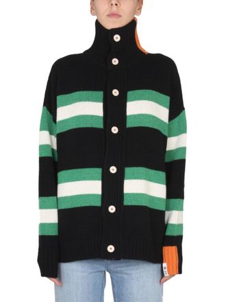 RIGHT FOR High Neck Button Closure Striped Cardigan