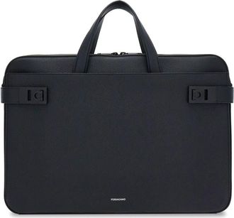 Ferragamo Gancini-buckle leather laptop bag - men - Calf Leather/Cotton/Calf Leather - One Size - Black