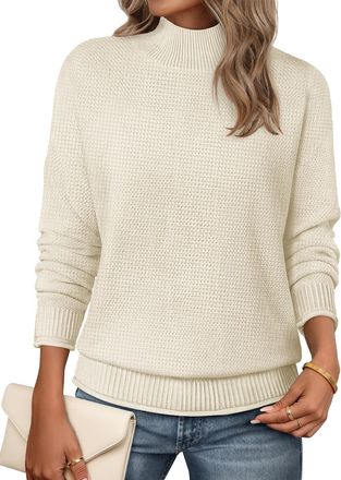 Merokeety Womens Long Sleeve Turtleneck Cozy Knit Sweater Casual Loose Pullover Jumper Tops, Apricot, M