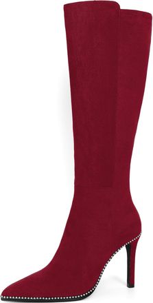 elashe Womens Suede Knee High Boots Burgundy Ladies Knee length Long Heeled Boots for Women UK with Beads Stiletto 9.5 CM(3.75 inches) High Heels Pointed Toe