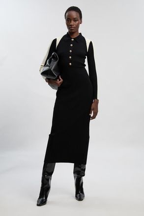 Karen Millen Rib Knit Long Sleeve Military Midi Dress in Black at Nordstrom, Size X-Small