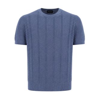 Drumohr Round-neck Knitwear, male, Blue, Size: 2XL Short-sleeve Knit