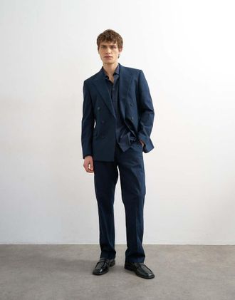 Topman Pantaloni dritti in misto lino blu navy