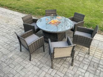 Fimous Outdoor Rattan Garden Furniture Set Gas Fire Pit Round Table Sets Gas Heater with 6 Seater Dining Chairs Dark Grey Mixed