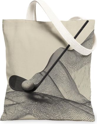 Generic Golf Pattern Canvas Tote Bags, Stylish Golf Club Design Reusable Grocery Bags, Spring Lightweight Washable Shoulder Strap C, Beige, 13x15 Inch