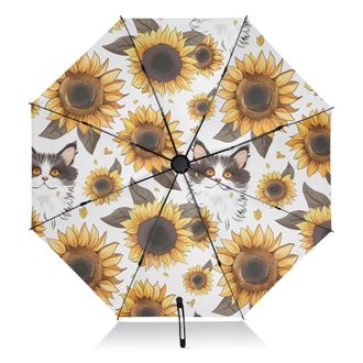 Alaza Umbrellas for Rain Sun Outdoor, Automatic Folding Umbrella Windproof Strong, Large Anti-UV Compact Umbrella Black Outside Cute Cat Face and Sunflower 