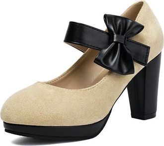 Generic Womens Round Toe Mary Jane Bowknot Decor Block High Heel Pumps Platform Wedding Party Casual Dress Shoes (5.5,Apricot)