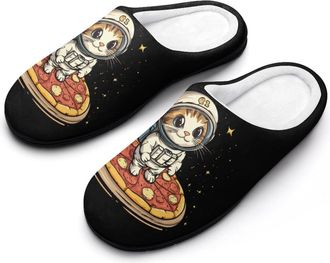 Generic Funny Cat Flying A Pizza Astronaut Womens Slippers Warm House Slippers Indoor House Shoes with Anti-Skid Rubber Sole