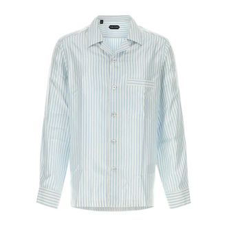 Tom Ford Casual Shirts, male, Blue, Size: M Embroidered Satin Shirt