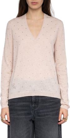 Zadig&Voltaire Rivy Rhinestone Emellished Cashmere V-Neck Sweater in Pearly at Nordstrom, Size X-Small