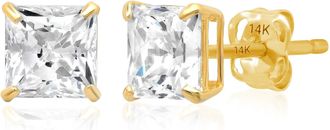 MAX + STONE 14k Yellow or White Gold Princess Cut Cubic Zirconia Stud Earrings 4MM to 7MM