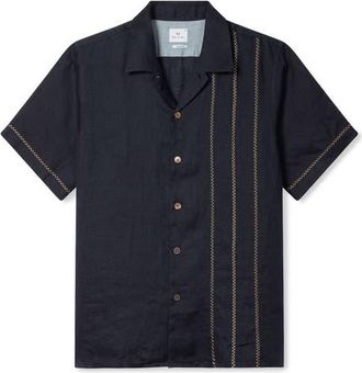 Paul Smith Embroidered Linen Camp Shirt in Very Dark Navy at Nordstrom, Size X-Large