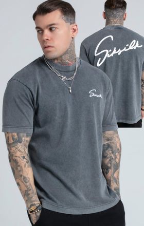 Siksilk Camiseta de gran tama&ntilde;o de gui&oacute;n de lavado de &aacute;cido negro S