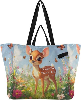 Generic Flowers Brown Deer print Reusable Canvas Tote Bag, Heavy Duty Grocery Shopping Bag with Hard Bottom Double Handles Large Capacity Work Groceries Trave