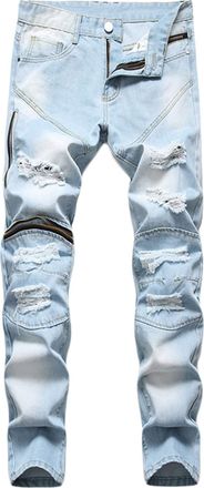 Generic JIER Mens Ripped Straight Stretch Biker Jeans Mans Slim Fit Biker Denim Pants with Zipper Skinny Stretchy Distressed Trousers (Blue,34)