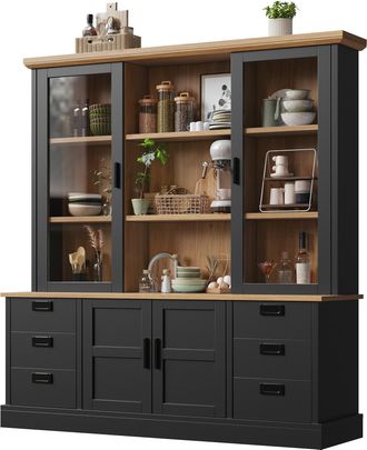 STILVORA Credenza Alta Da Cucina Con 6 Cassetti E 6 Vani, Ante In Vetro E Sistema Antiribaltamento, In Mdf, Nero