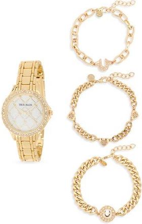 True Religion Logo Check Bracelet Watch, 33.9mm & Assorted Bracelets Set in Gold at Nordstrom Rack
