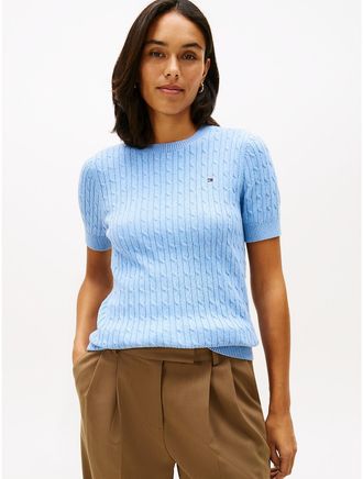 Tommy Hilfiger Womens Short-Sleeve Cable Knit Sweater - Blue - XXL