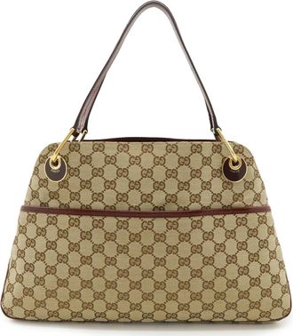 Gucci Beige Bordeaux Canvas Leather Shoulder Bag Tote Bag (Pre-Owned)