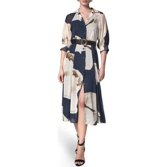 DKNY Floral Print Chiffon Midi Shirtdress in Night Sky at Nordstrom, Size 12
