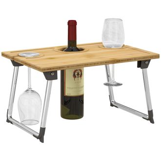 HOMCOM Foldable Wine Table - Bamboo Picnic Table With Bottle Holder - Glass Holder | TJ Hughes