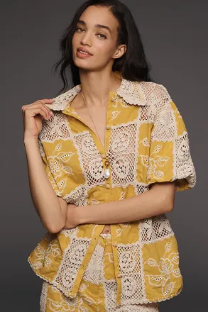 Farm Rio Lace Short-Sleeve Buttondown Top