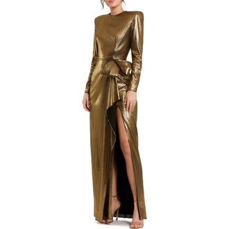 Mac Duggal Petite Metallic Long Sleeve Bow Detail Gown in Antique Gold at Nordstrom, Size 14P