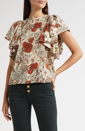 Ulla Johnson Lena Flutter Sleeve Silk Top in Winter Garden at Nordstrom Rack, Size 4