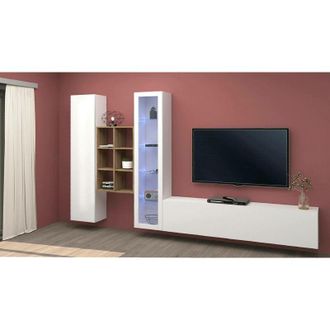 Dmora Dmora - Pared Equipada Dcragn, Conjunto De Sal&oacute;n Mueble De Tv Con 3 Puertas, Mueble De Sal&oacute;n Polivalente Con Vitrina Y Luz Led, 100% Made In Italy, Cm
