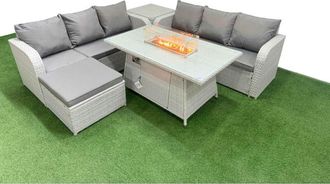 Fimous Outdoor Garden Furniture Sets 7 Seater Wicker Rattan Furniture Sofa Sets with Firepit Dining Table high Back Lounge Sofa Big Footstool 2 Side Table