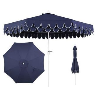 Jonathan Y Designs Tracy 9 ft. Classic MidCentury Scalloped Fringe Market Patio Umbrella with Auto-Tilt, Crank, Wind Vent and UV Protection in Navy//white