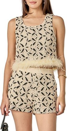 English Factory Crochet Lace Feather Crop Tank in Cream/Black at Nordstrom, Size X-Small