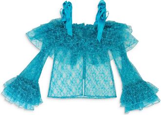 Rodarte FLORAL LACE TULLE TIERED OFF THE SHOULDER TEAL BLOUSE