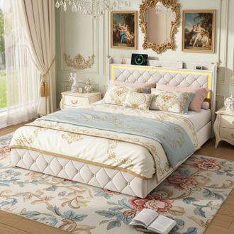 OEM Cama 140x200 - Terciopelo Beige - Somier De Lamas - 4 Cajones - Cabecero Led Con Usb/type-c