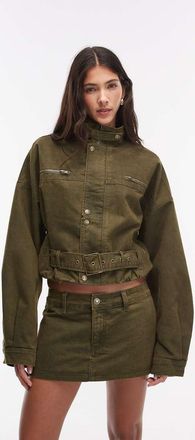 Lioness Rinata - Giacca corta multitasche in misto cotone kaki con scollo a imbuto, spalle scese e cintura larga in coordinato-Verde
