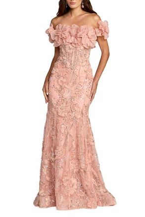 Mac Duggal 3D Floral Embellished Off The Shoulder Mermaid Gown in Blush at Nordstrom, Size 12