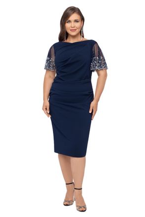 Betsy & Adam Womens Plus Size Midi Stretch Scuba Crepe with Beaded Sleeve Dress, Navy/Silver, 18 Plus