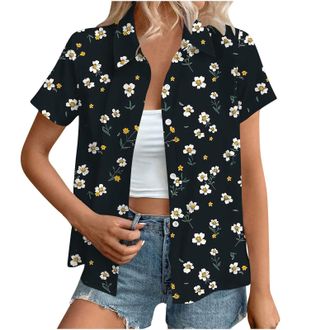Generic Hawaiian Shirts for Women Summer Beach Shirt Trendy Tropical Floral Print Tshirts Casual Button Down Short Sleeve Blouses Plus Size Tees Fashion Outfi