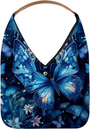 Generic Blue Butterflies Flower Pattern Reusable Lightweight Grocery Bags - Foldable Into Compact Pouch, Washable & Sturdy, Multipurpose for Shopping and Trav