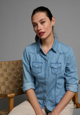 Arizona Jeansbluse ARIZONA mit Druckkn&ouml;pfen in Perlmuttoptik, Damen, Gr. 34, blau (bleached), Jeans, Obermaterial: 100% Baumwolle, unifarben, Basic, figurbeto