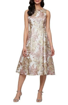 Alex Evenings Metallic Floral Jacquard Fit & Flare Cocktail Dress in Taupe Multi at Nordstrom, Size 14