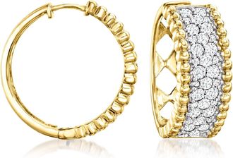 Ross-Simons Pave Diamond Beaded-Edge Hoop Earrings in 18kt Gold Over Sterling